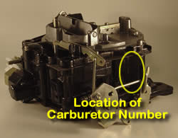 Picture of Y40-1BNE Rochester Quadrajet marine carburetor with location of carburetor number