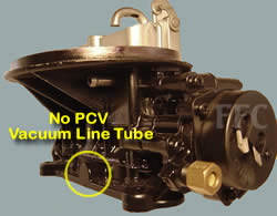 Picture of Y42-2ST two barrel Holley 2300 marine carburetor showing No PCV vacuum line tube